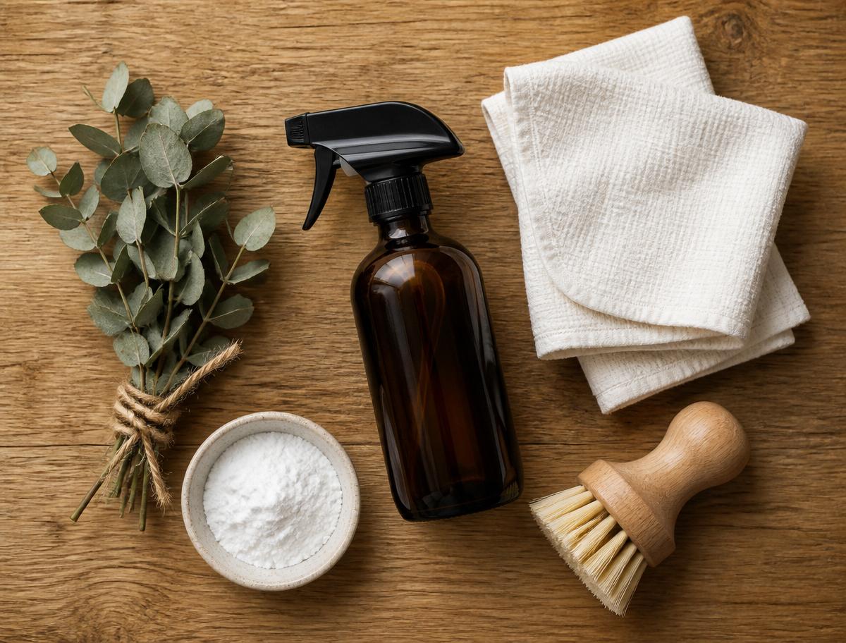 Natural cleaning supplies laid out on an oak table